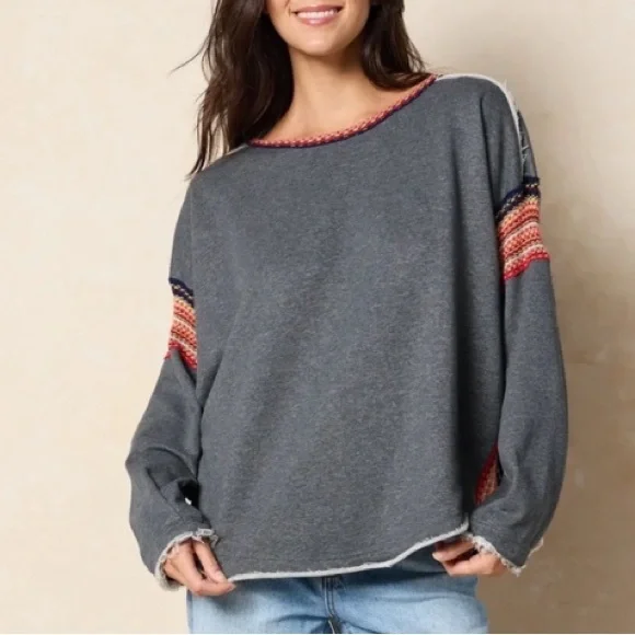 Natural Life - Colorful Knit Trim - Oversized Sweatshirt - Boho Sleeves - L/XL - Picture 2 of 12